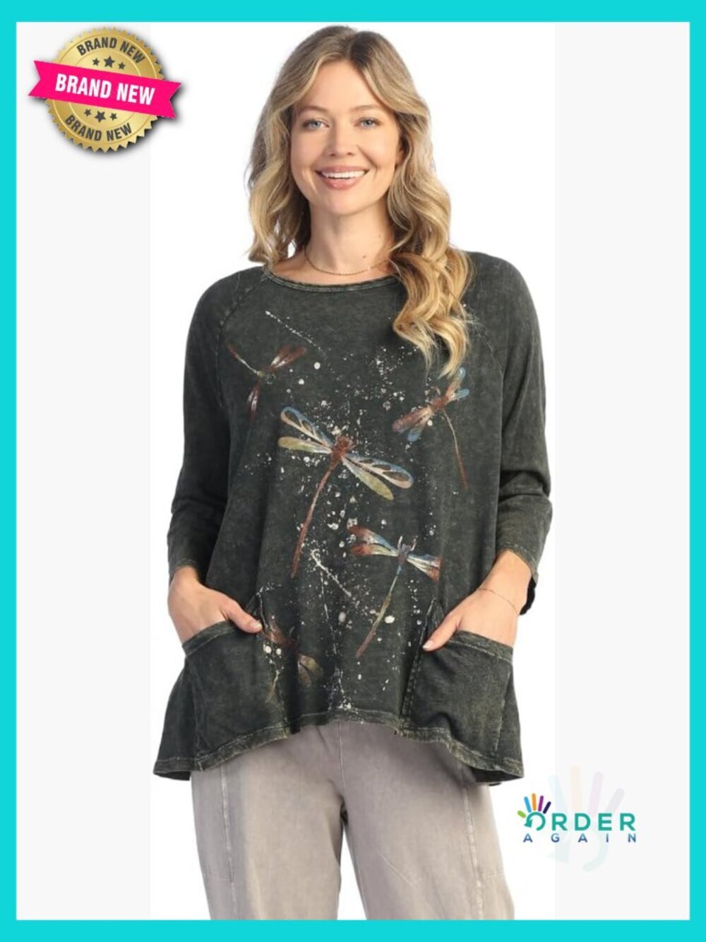 Mineral Washed Cotton Tunic Peasant Top Boho Chic Three Quarter Sleeve